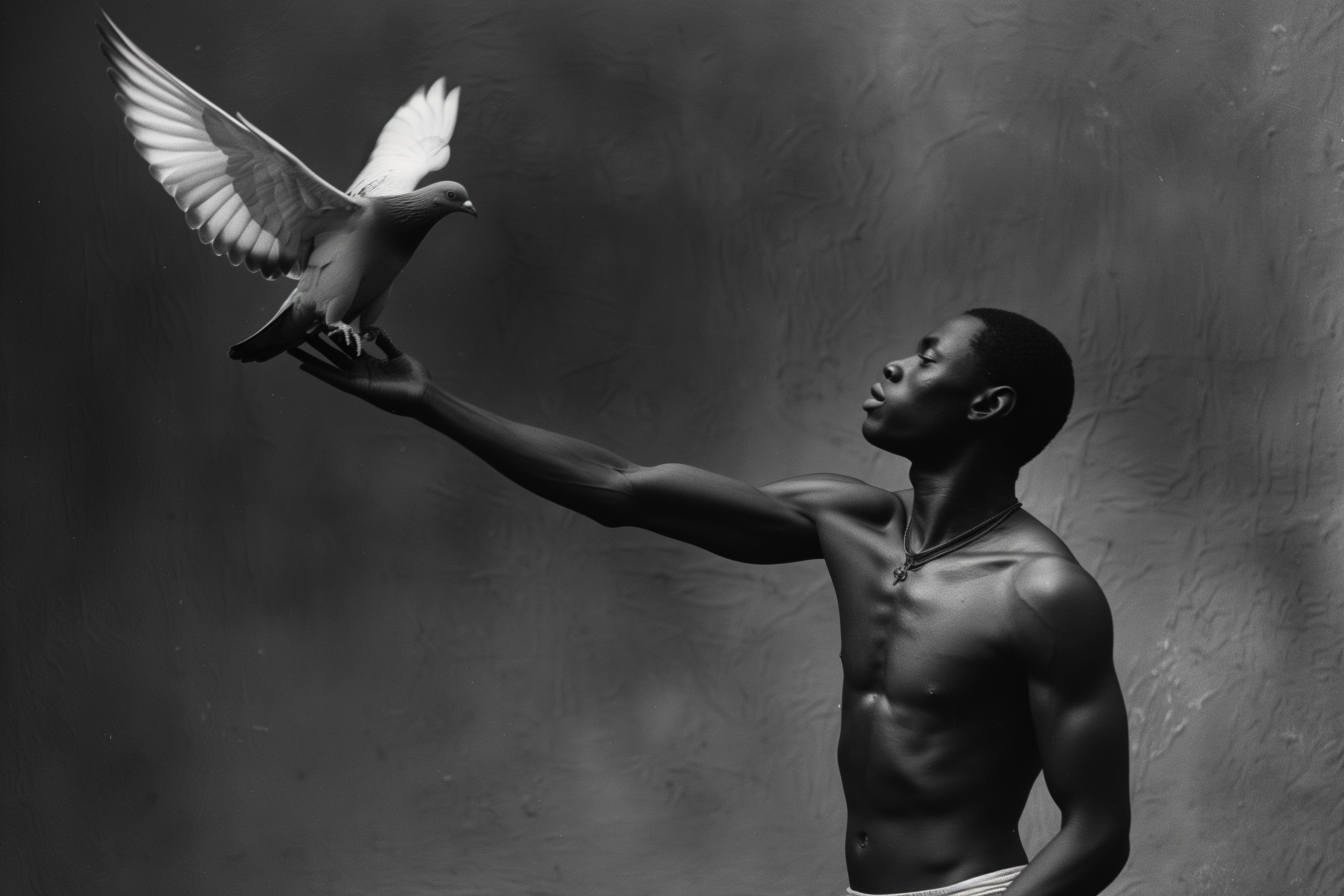 dove on man's palm in black and white picture